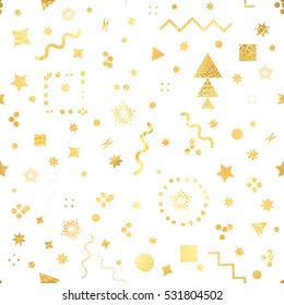 Trendy geometric elements memphis card. Seamless memphis pattern for tissue and postcards. Hipster poster, golden color background. Shiny backdrop. Vector illustration