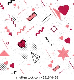 Trendy geometric elements memphis card. Seamless memphis pattern for Happy Valentine's Day celebration with holiday symbols  in retro 80s, 90s memphis style. Vector illustration