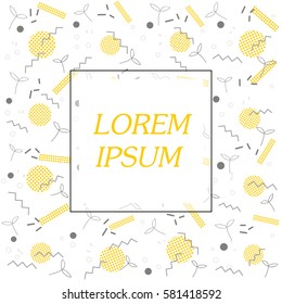 Trendy geometric elements memphis card. Pattern for tissue and postcards. Spring poster, black and yellow color background with place for text. Vector illustration