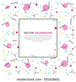 Trendy geometric elements memphis card. Pattern for tissue and postcards. Spring poster, pink and blue color background with place for text. Vector illustration