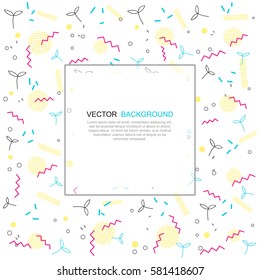 Trendy geometric elements memphis card. Pattern for tissue and postcards. Spring poster, pink and blue color background with place for text. Vector illustration