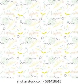 Trendy geometric elements memphis card. Pattern for tissue and postcards. Spring poster. Vector illustration
