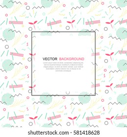 Trendy geometric elements memphis card. Pattern for tissue and postcards. Spring poster, pink and blue color background with place for text. Vector illustration