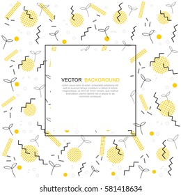 Trendy geometric elements memphis card. Pattern for tissue and postcards. Spring poster, black and yellow color background with place for text. Vector illustration