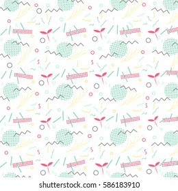 Trendy geometric elements memphis card. Pattern for tissue and postcards. Spring poster  background. Vector illustration