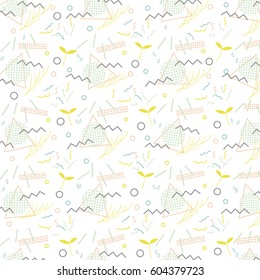 Trendy geometric elements memphis card. Pattern for tissue and postcards. Spring poster. Vector illustration