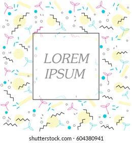 Trendy geometric elements memphis card. Pattern for tissue and postcards. Spring poster, black and yellow color background with place for text. Vector illustration
