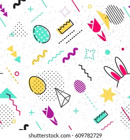 Trendy geometric elements memphis card. Seamless memphis pattern for Easter celebration with holiday symbols  in retro 80s, 90s memphis style. Vector illustration