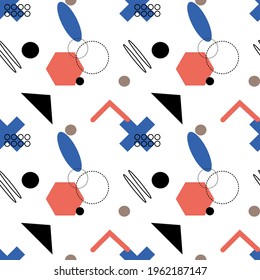 Trendy geometric elements memphis cards, seamless pattern. Retro style texture. Modern abstract design poster, cover, card design. Vector illustration