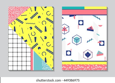 Trendy geometric elements memphis cards, flyers, brochure, A4 design templates.