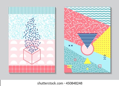 Trendy geometric elements memphis cards. Retro style texture, pattern and geometric elements.