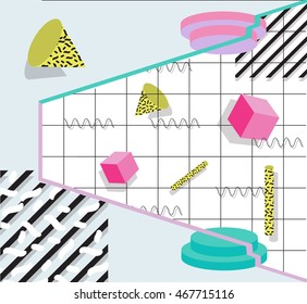 Trendy geometric elements memphis cards. Retro style texture, pattern and geometric elements. Modern abstract design poster, cover, card design.