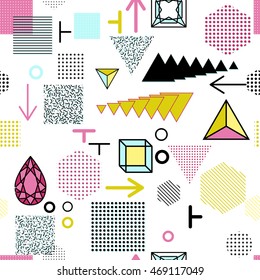 Trendy geometric elements memphis cards, seamless pattern. Retro style texture. Modern abstract design poster, cover, card design
