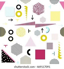 Trendy geometric elements memphis cards, seamless pattern. Retro style texture. Modern abstract design poster, cover, card design