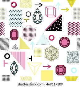 Trendy geometric elements memphis cards, seamless pattern. Retro style texture. Modern abstract design poster, cover, card design