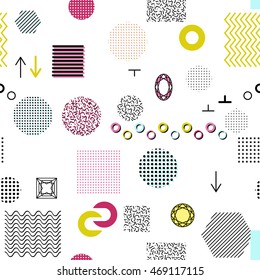 Trendy geometric elements memphis cards, seamless pattern. Retro style texture. Modern abstract design poster, cover, card design