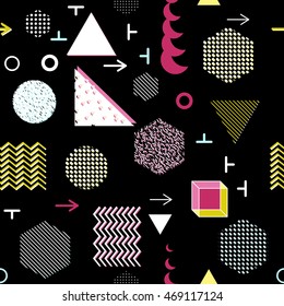 Trendy geometric elements memphis cards, seamless pattern. Retro style texture. Modern abstract design poster, cover, card design
