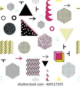 Trendy geometric elements memphis cards, seamless pattern. Retro style texture. Modern abstract design poster, cover, card design