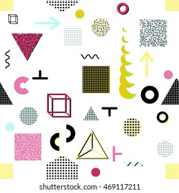Trendy geometric elements memphis cards, seamless pattern. Retro style texture. Modern abstract design poster, cover, card design
