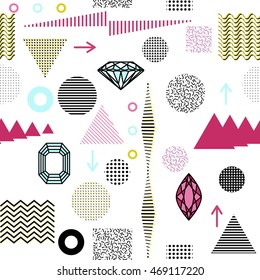 Trendy geometric elements memphis cards, seamless pattern. Retro style texture. Modern abstract design poster, cover, card design