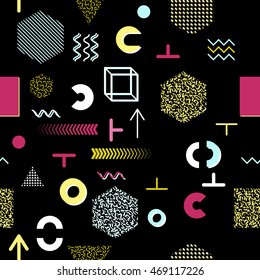 Trendy geometric elements memphis cards, seamless pattern. Retro style texture. Modern abstract design poster, cover, card design