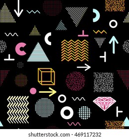 Trendy geometric elements memphis cards, seamless pattern. Retro style texture. Modern abstract design poster, cover, card design