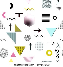Trendy geometric elements memphis cards, seamless pattern. Retro style texture. Modern abstract design poster, cover, card design