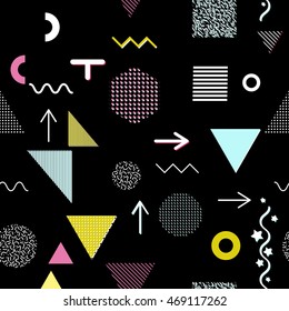 Trendy geometric elements memphis cards, seamless pattern. Retro style texture. Modern abstract design poster, cover, card design