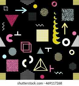 Trendy geometric elements memphis cards, seamless pattern. Retro style texture. Modern abstract design poster, cover, card design
