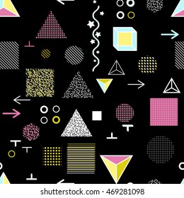 Trendy geometric elements memphis cards, seamless pattern. Retro style texture. Modern abstract design poster, cover, card design