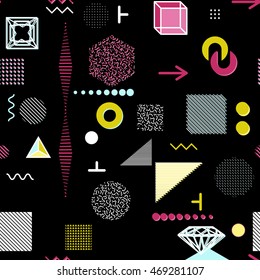Trendy geometric elements memphis cards, seamless pattern. Retro style texture. Modern abstract design poster, cover, card design