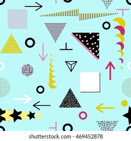Trendy geometric elements memphis cards, seamless pattern. Retro style texture. Modern abstract design poster, cover, card design.