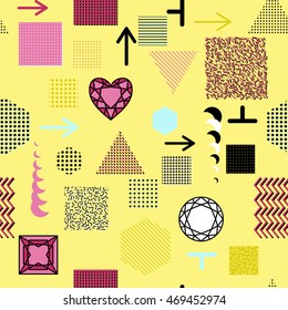 Trendy geometric elements memphis cards, seamless pattern. Retro style texture. Modern abstract design poster, cover, card design.