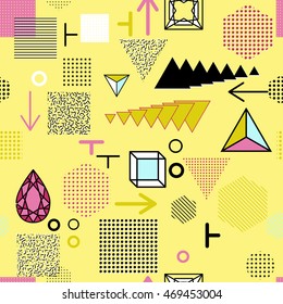 Trendy geometric elements memphis cards, seamless pattern. Retro style texture. Modern abstract design poster, cover, card design.