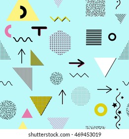 Trendy geometric elements memphis cards, seamless pattern. Retro style texture. Modern abstract design poster, cover, card design.