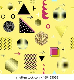 Trendy geometric elements memphis cards, seamless pattern. Retro style texture. Modern abstract design poster, cover, card design.