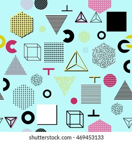 Trendy geometric elements memphis cards, seamless pattern. Retro style texture. Modern abstract design poster, cover, card design.