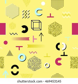 Trendy geometric elements memphis cards, seamless pattern. Retro style texture. Modern abstract design poster, cover, card design.