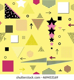 Trendy geometric elements memphis cards, seamless pattern. Retro style texture. Modern abstract design poster, cover, card design.