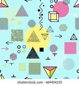 Trendy geometric elements memphis cards, seamless pattern. Retro style texture. Modern abstract design poster, cover, card design.