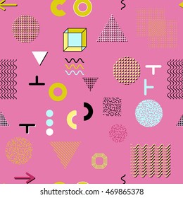 Trendy geometric elements memphis cards, seamless pattern. Retro style texture. Modern abstract design poster, cover, card design.