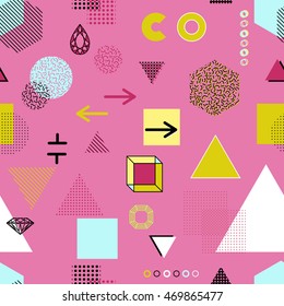 Trendy geometric elements memphis cards, seamless pattern. Retro style texture. Modern abstract design poster, cover, card design.