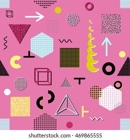 Trendy geometric elements memphis cards, seamless pattern. Retro style texture. Modern abstract design poster, cover, card design.