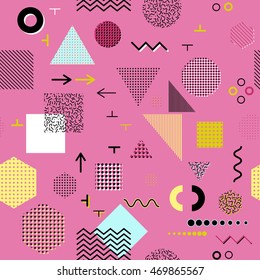 Trendy geometric elements memphis cards, seamless pattern. Retro style texture. Modern abstract design poster, cover, card design.