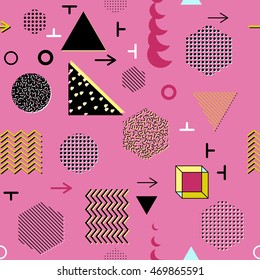 Trendy geometric elements memphis cards, seamless pattern. Retro style texture. Modern abstract design poster, cover, card design.