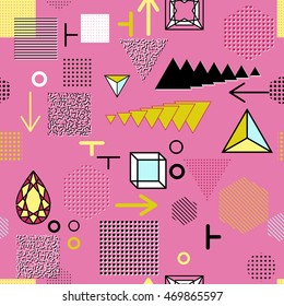 Trendy geometric elements memphis cards, seamless pattern. Retro style texture. Modern abstract design poster, cover, card design.