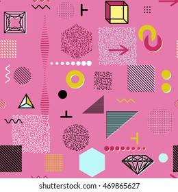 Trendy geometric elements memphis cards, seamless pattern. Retro style texture. Modern abstract design poster, cover, card design.