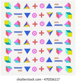 Trendy geometric elements memphis cards. Retro style texture, background and geometric pattern. Modern abstract design poster, cover, and wallpaper