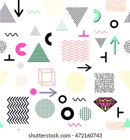 Trendy geometric elements memphis cards, seamless pattern. Retro style texture. Modern abstract design poster, cover, card design.