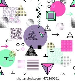 Trendy geometric elements memphis cards, seamless pattern. Retro style texture. Modern abstract design poster, cover, card design.
